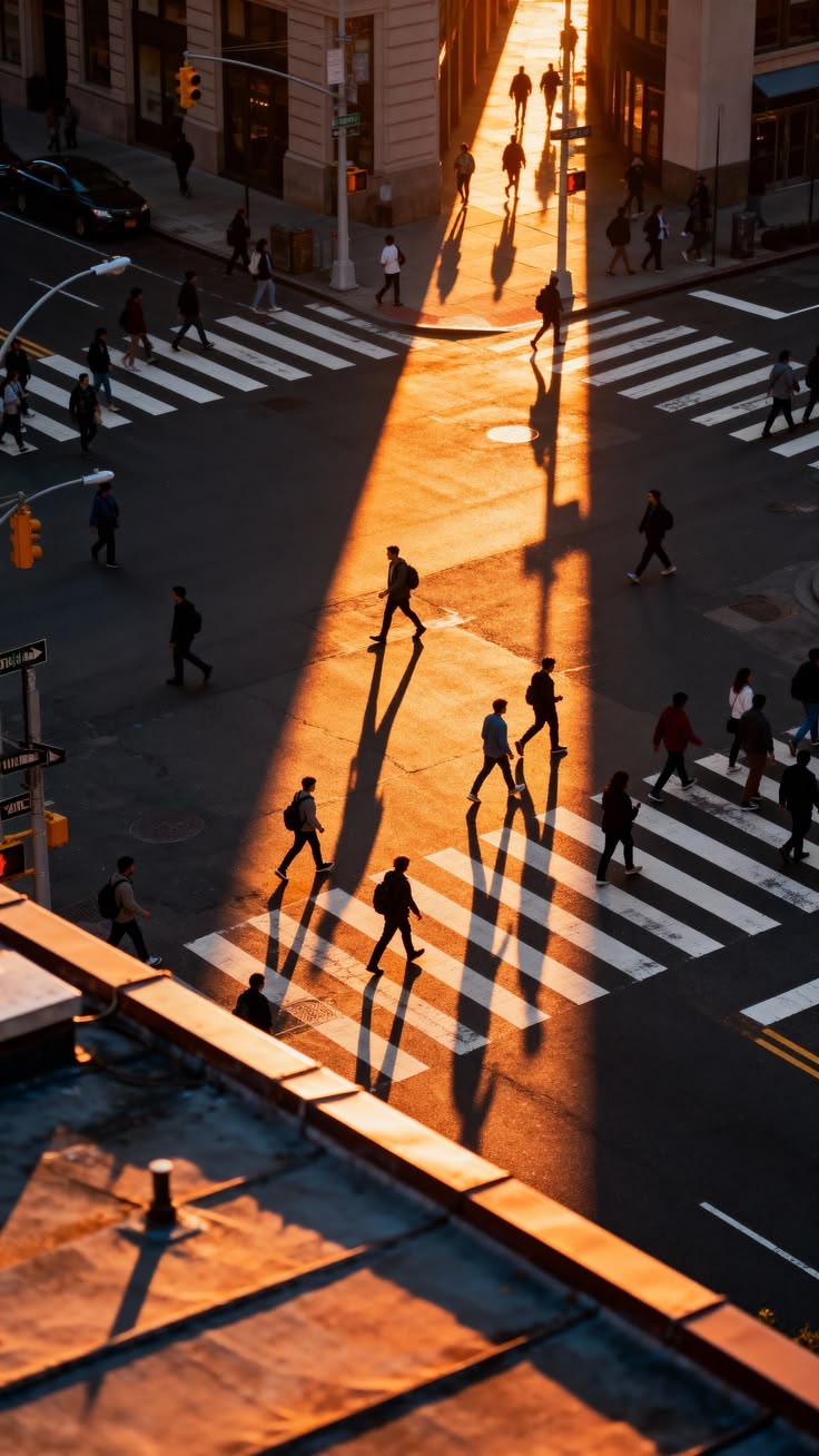 Commuters crossing a city intersection in low golden light